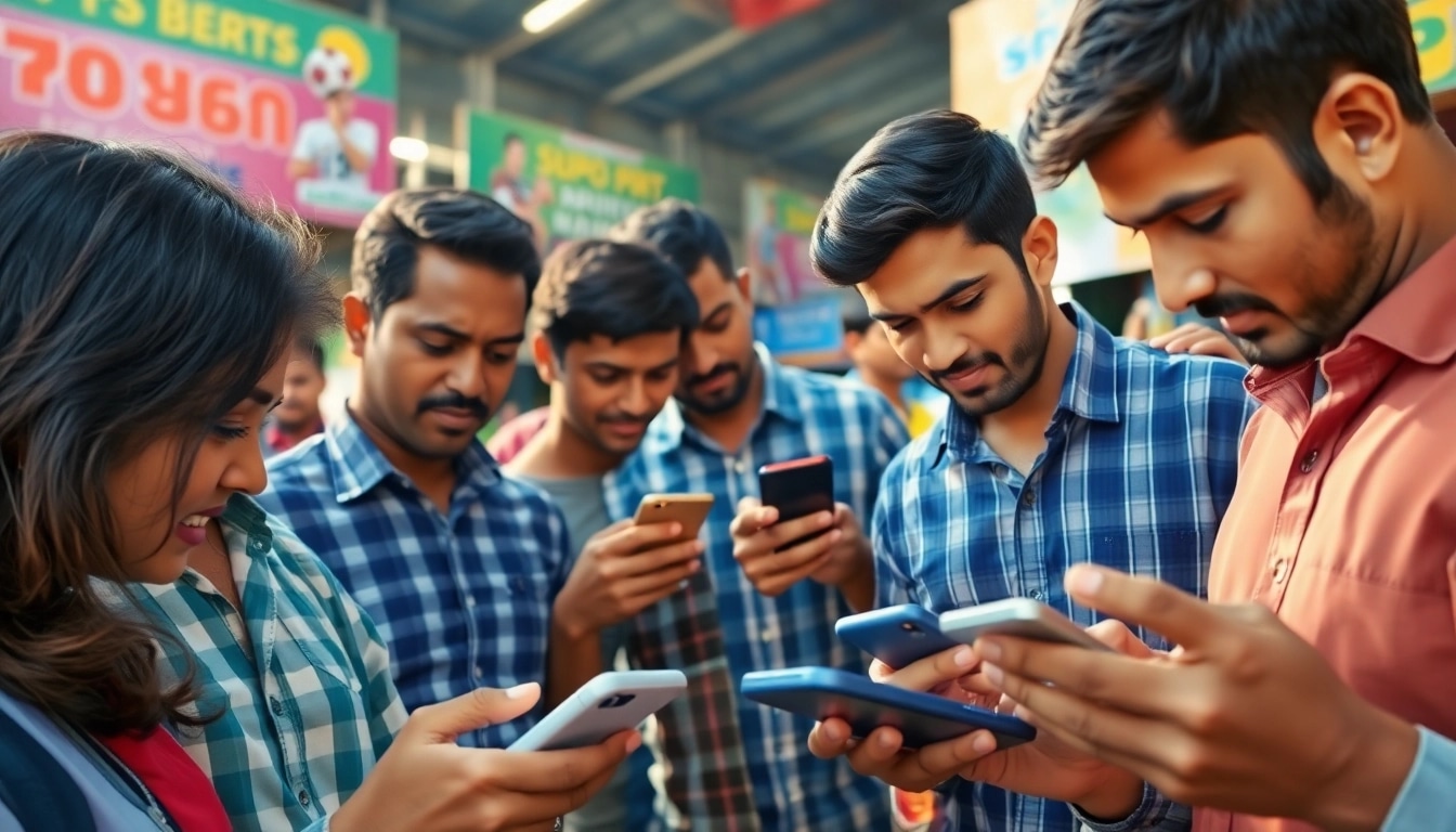 Engaged individuals exploring online sportsbooks India while betting in a lively market scene.