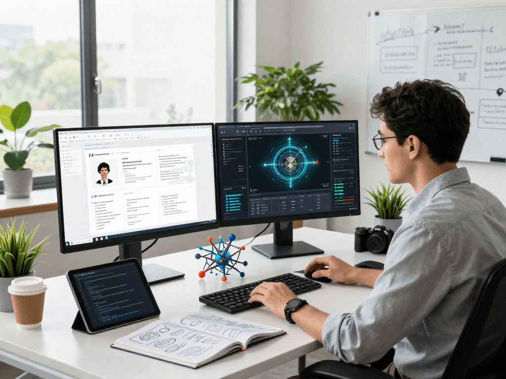 AI image detector used in a modern workspace for content moderation analysis, showcasing dual monitors and data visualizations.