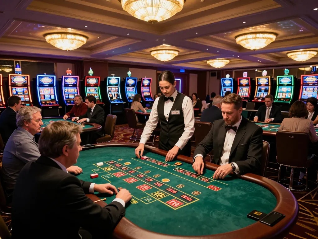 People enjoying betting at atq com casino tables under ambient lighting