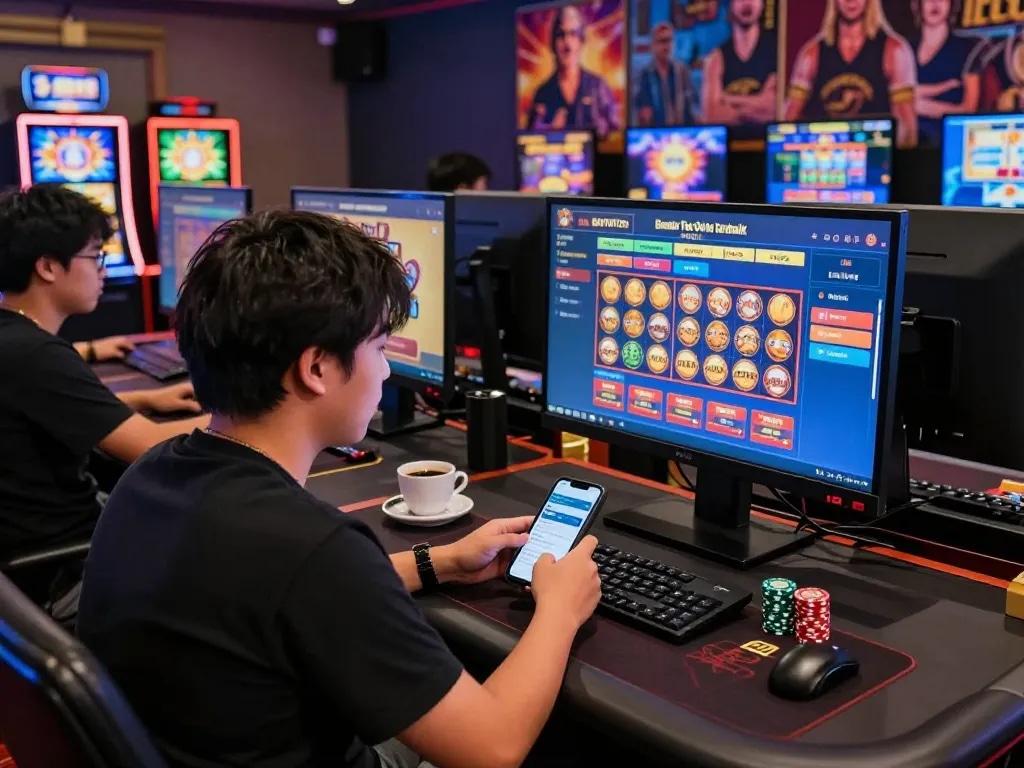 BAYITOTO Bandar Toto Online Terbaik dengan Pembayaran Cepat, players enjoying immersive online gaming experience with vibrant atmosphere and engaging slot machines.
