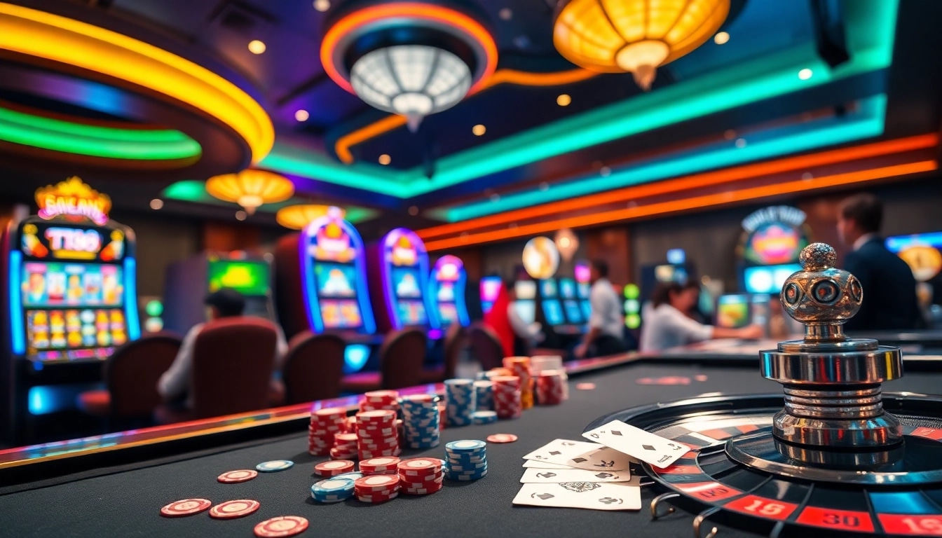Engaging players at Nhà Cái TT88 casino table with poker chips and vibrant slot machines in background.