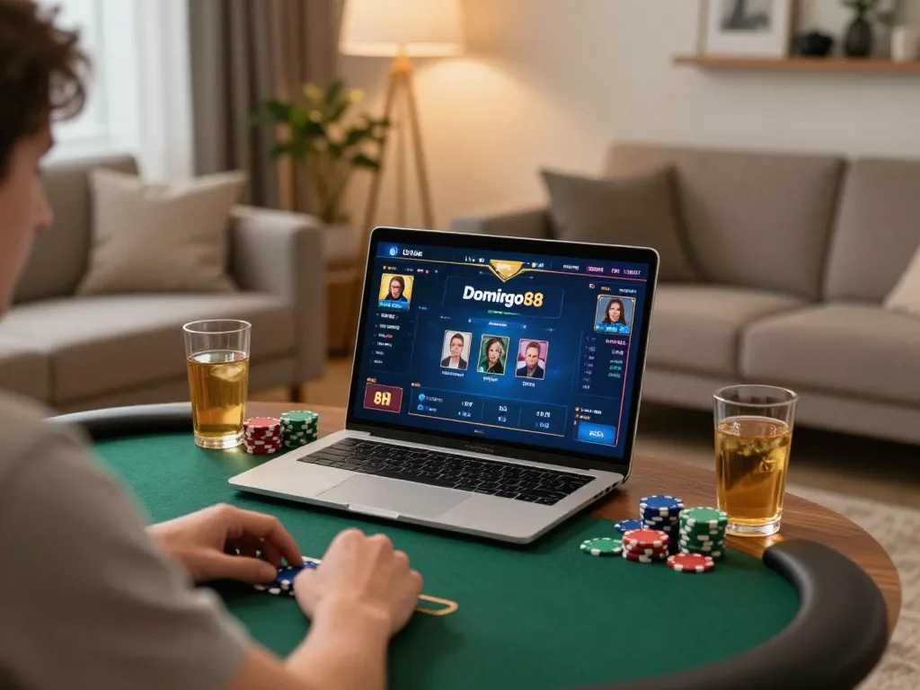Play online poker at Domino88 with action and excitement in a cozy living room setting.