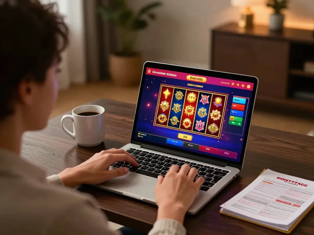 Engaging with slot deposit 2rb game on a laptop during a cozy home gaming session.