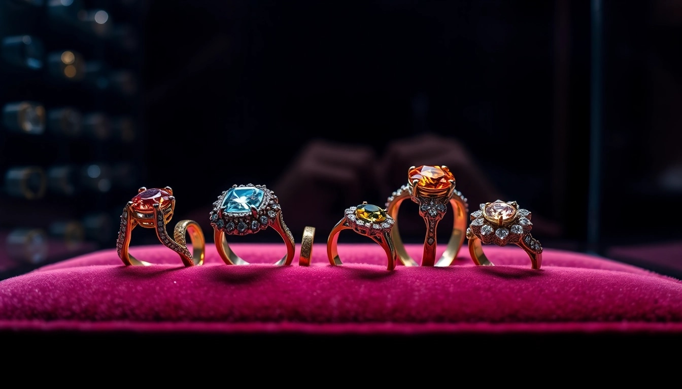 Admire exquisite luxury rings showcasing unique designs and sparkling gemstones.