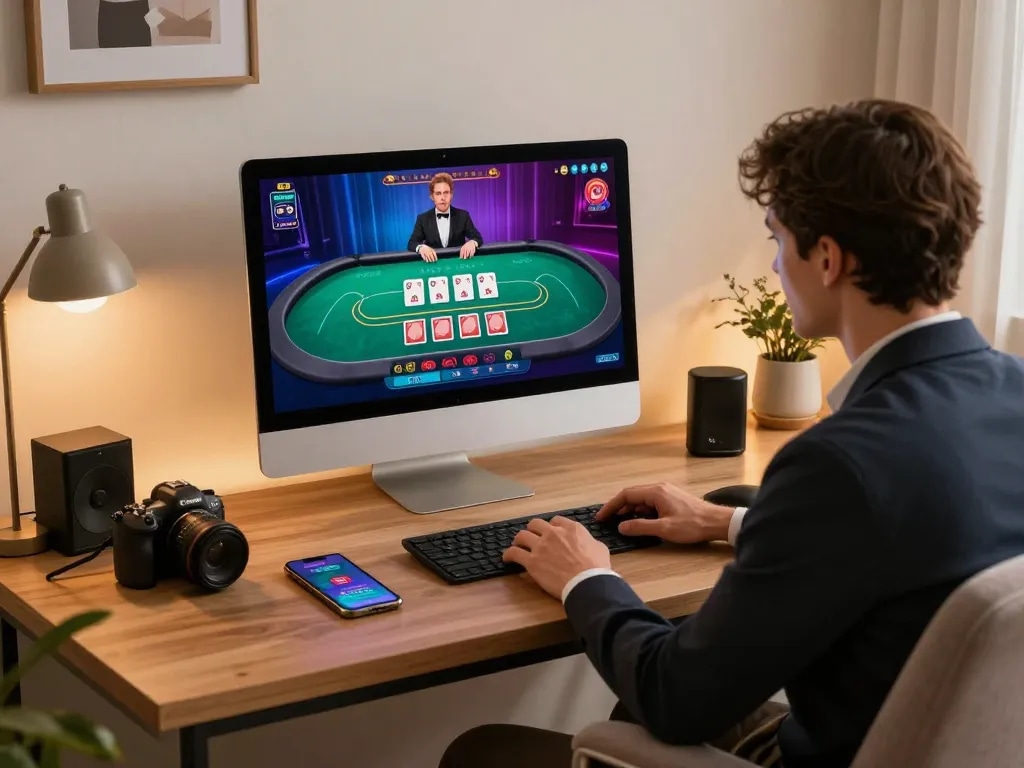 Player enjoying live baccarat on a stylish home office setup, showcasing an engaging online baccarat experience.