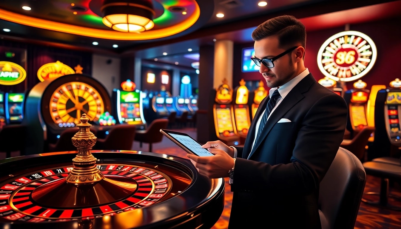 Log In to a casino platform with vibrant slot machines and roulette wheels in a luxurious setting.