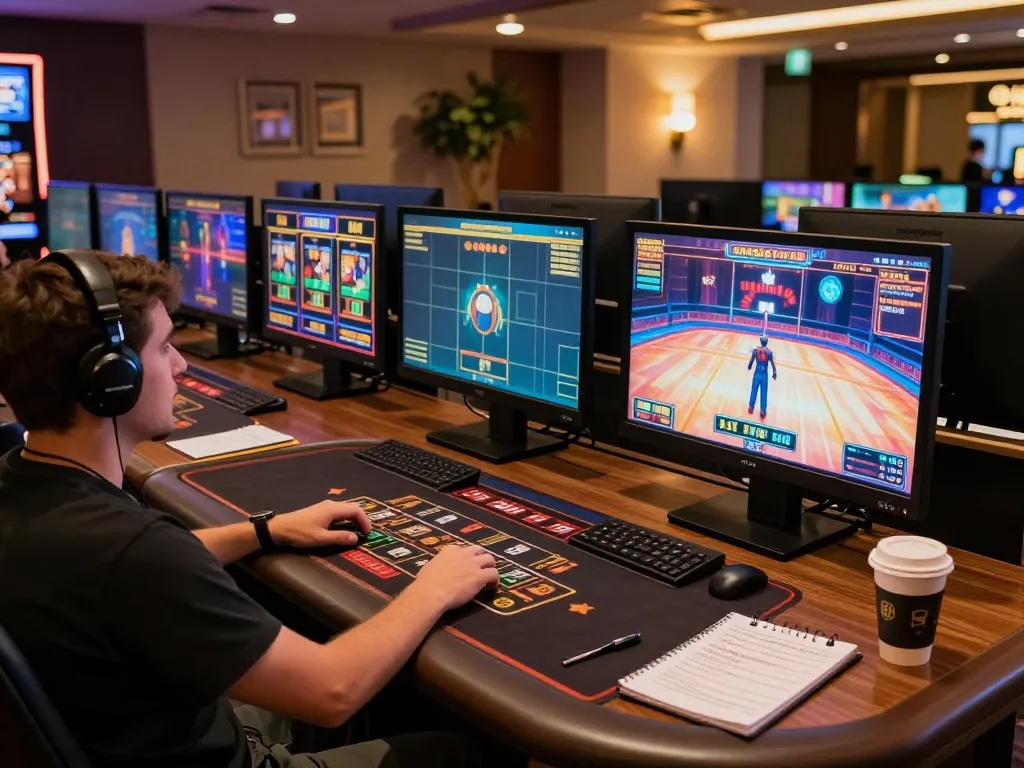 Player engaging in SC88 online casino, surrounded by live dealer games and vibrant slot machines, strategizing gameplay