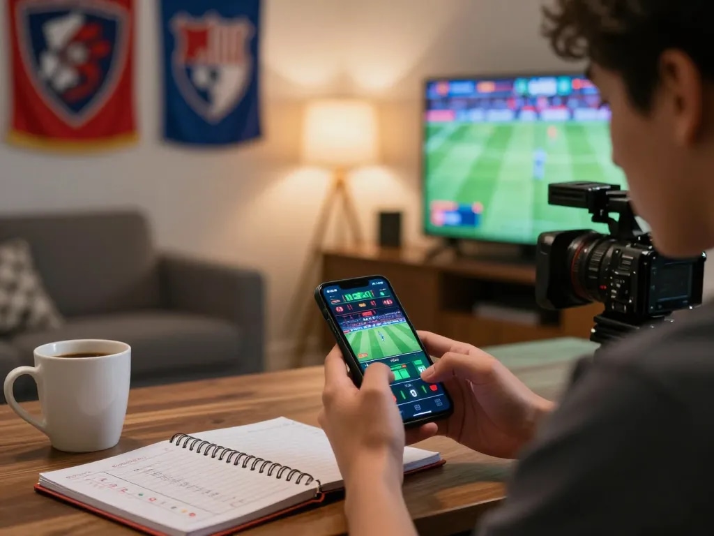 TG88 user's smartphone placing a sports bet in a cozy home gaming setup with sports memorabilia.