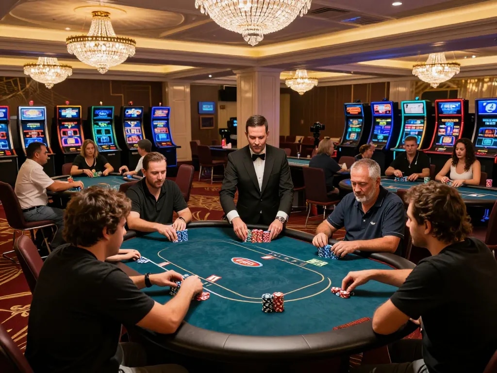 Players strategizing bets at KKWIN poker tables in a luxurious casino setting.