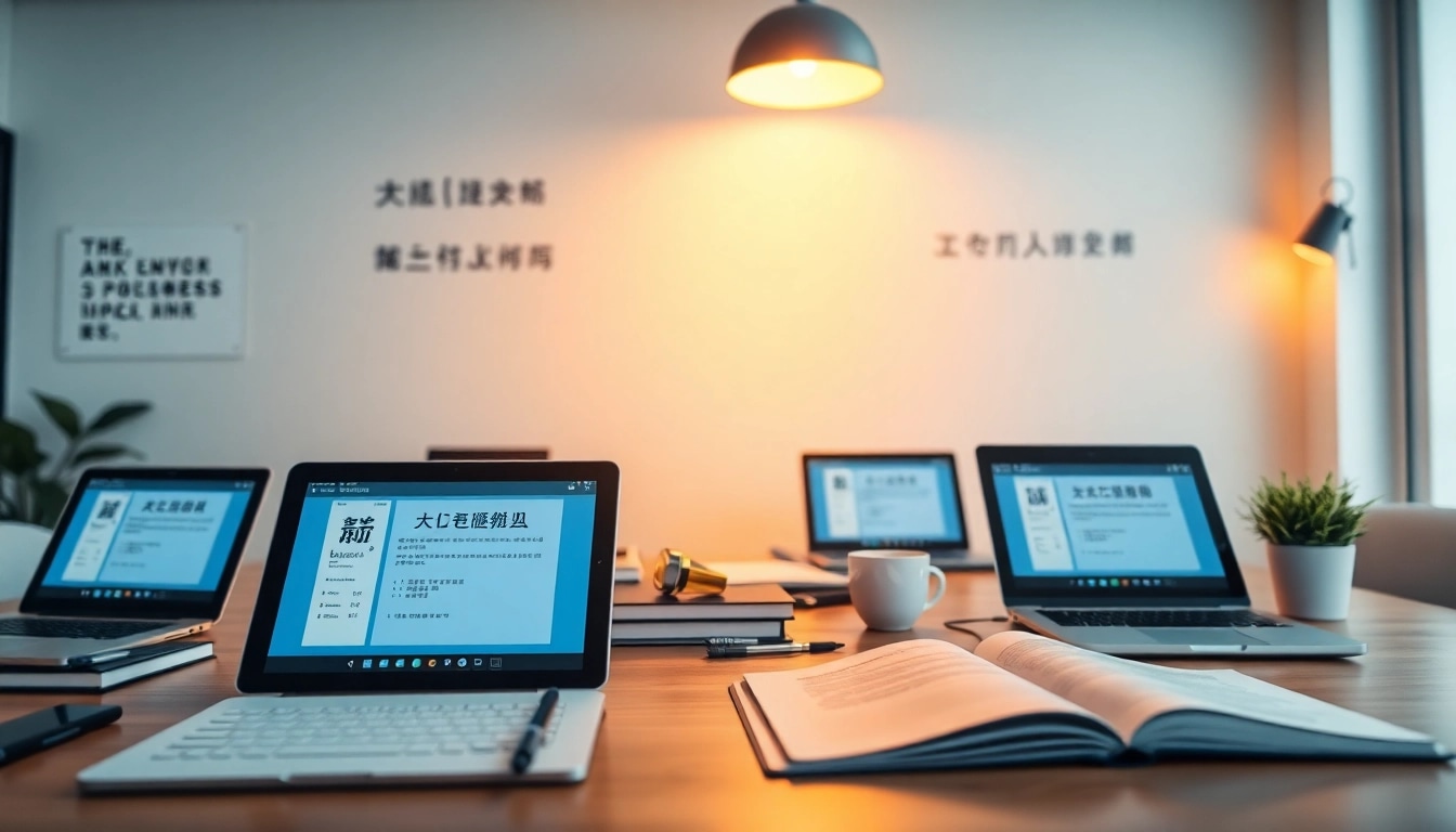 Modern workspace featuring 有道翻译 app on digital devices, inspiring productivity.