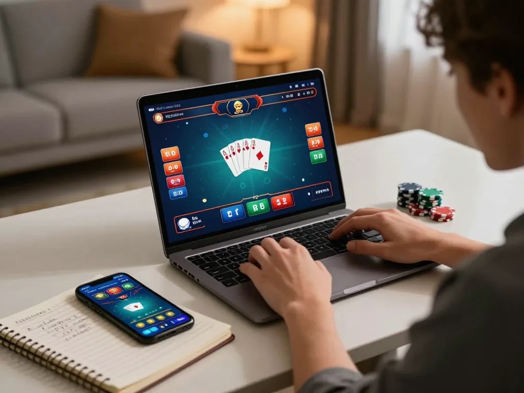 Pemain Bintangmpo terlibat dengan permainan poker online di laptop, menunjukkan permainan strategis dan opsi taruhan.