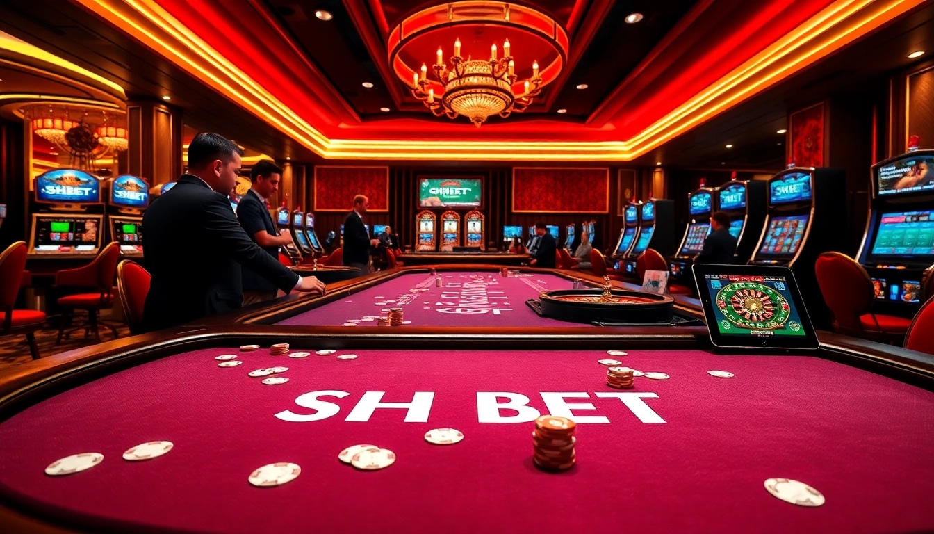 SHBET gaming table engaging players with vibrant excitement and professional dealers in action.