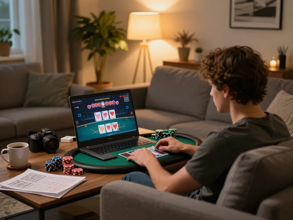 Playing poker on sites not on gamstop from a cozy home setup with laptop and chips.