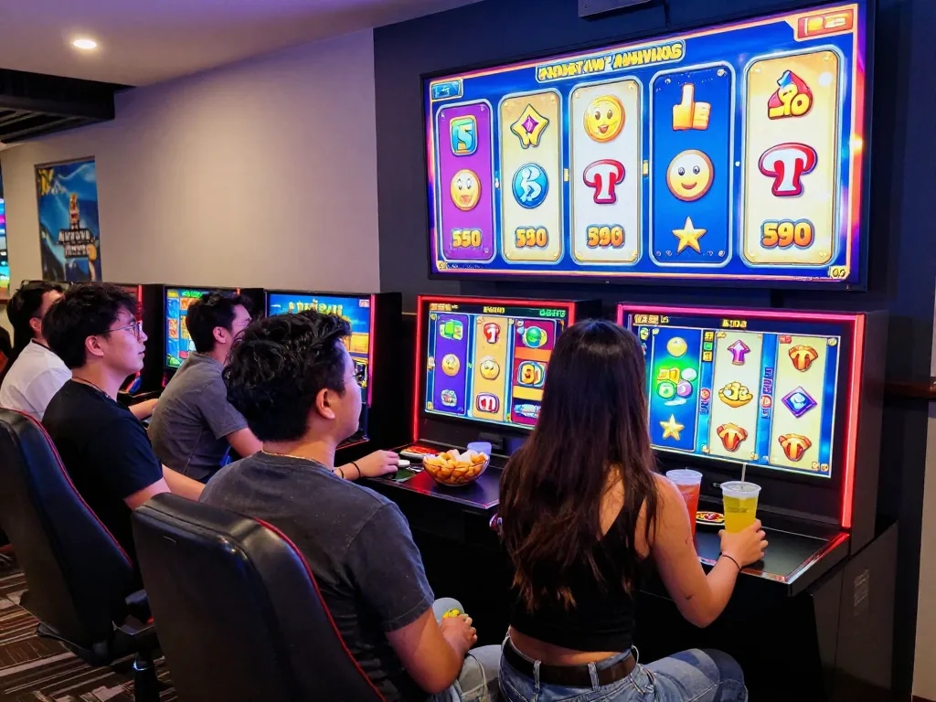 Sesi permainan yang mendebarkan menampilkan pemain yang menikmati permainan slot link gacor dalam suasana lounge kasino yang meriah