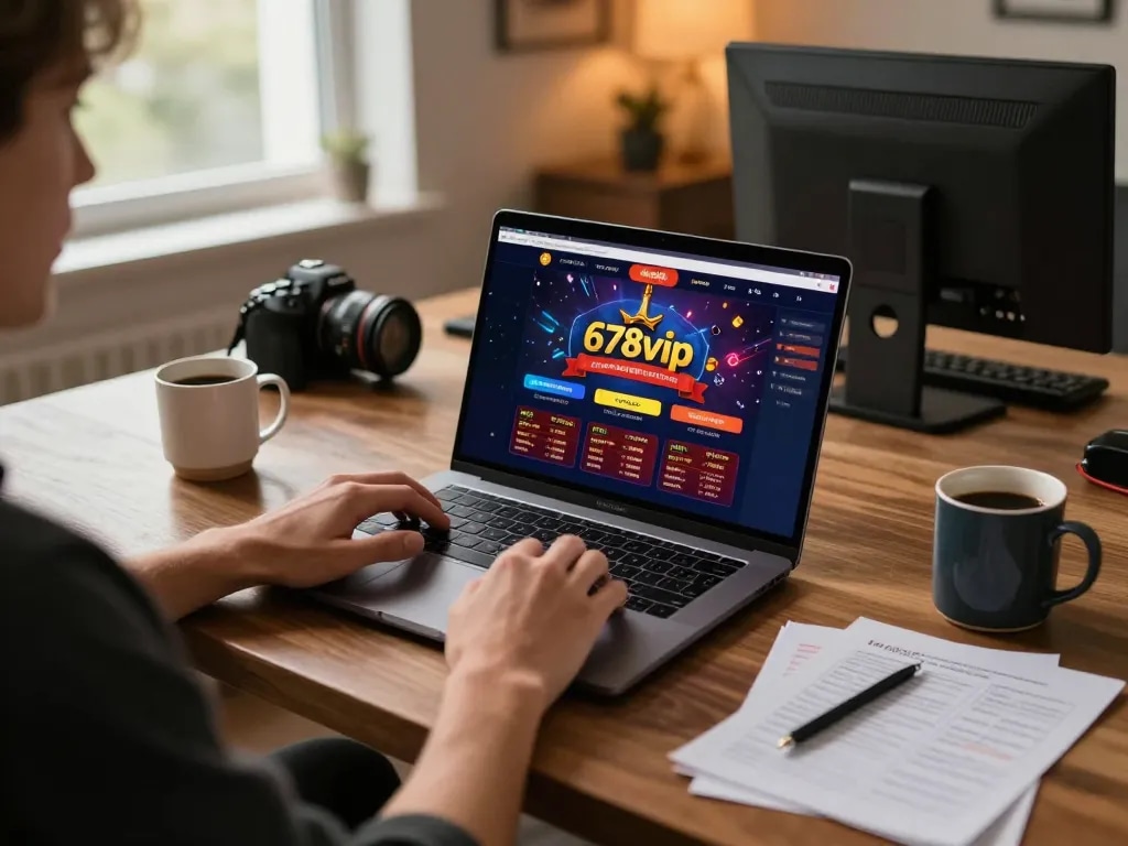 Engaged player using the 678vip online casino interface on a laptop, with a cozy workspace and gambling strategy notes.