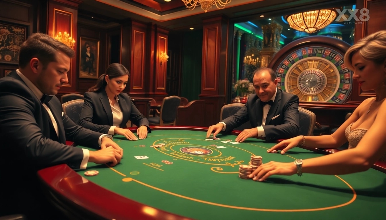 Engaged players at the XX88 poker table amidst vibrant casino excitement with poker chips and cards.