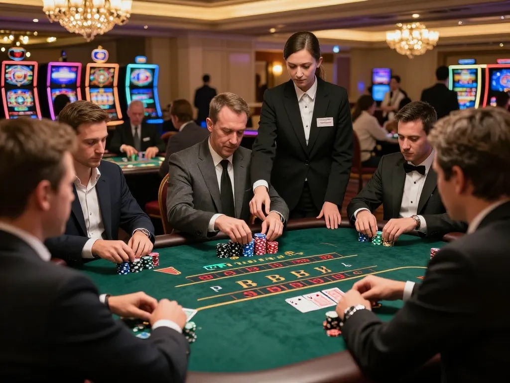 Spieler, die intensiv an einem Blackjack-Tisch strategisieren, mit Immobilienmakler Frankfurt Preungesheim im Hintergrund, was hohe Einsätze und Aufregung vermittelt.