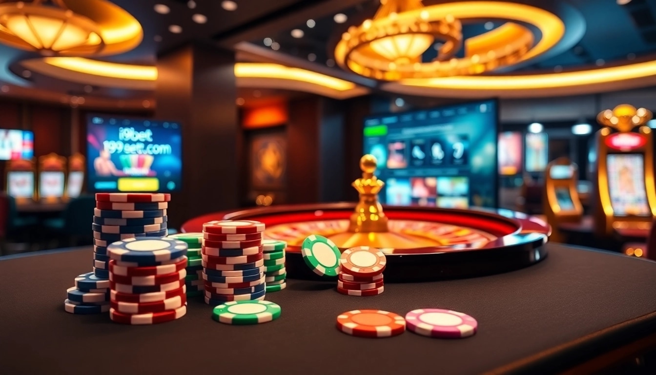 Engaging online gambling scene featuring high stakes at i9bett.cn.com with poker chips and roulette.