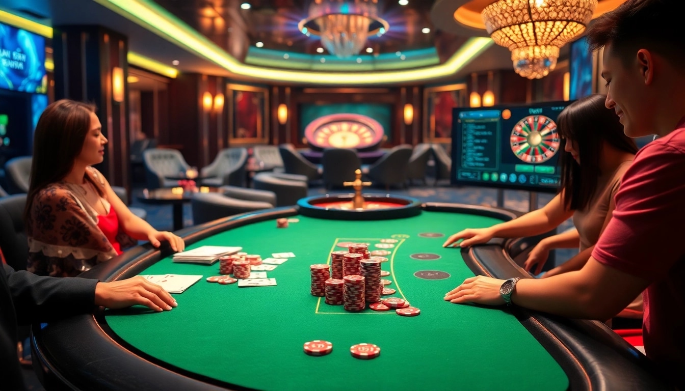The thrill of Nhà cái 789P captured with players at a vibrant casino poker table.