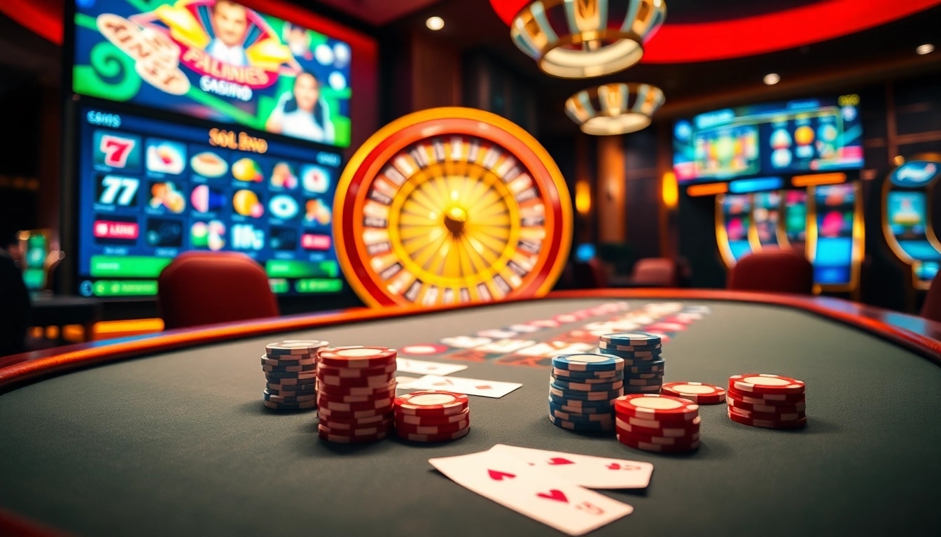 Scène de poker et de roulette captivante dans un casino en ligne mettant en avant une expérience de jeu de luxe.