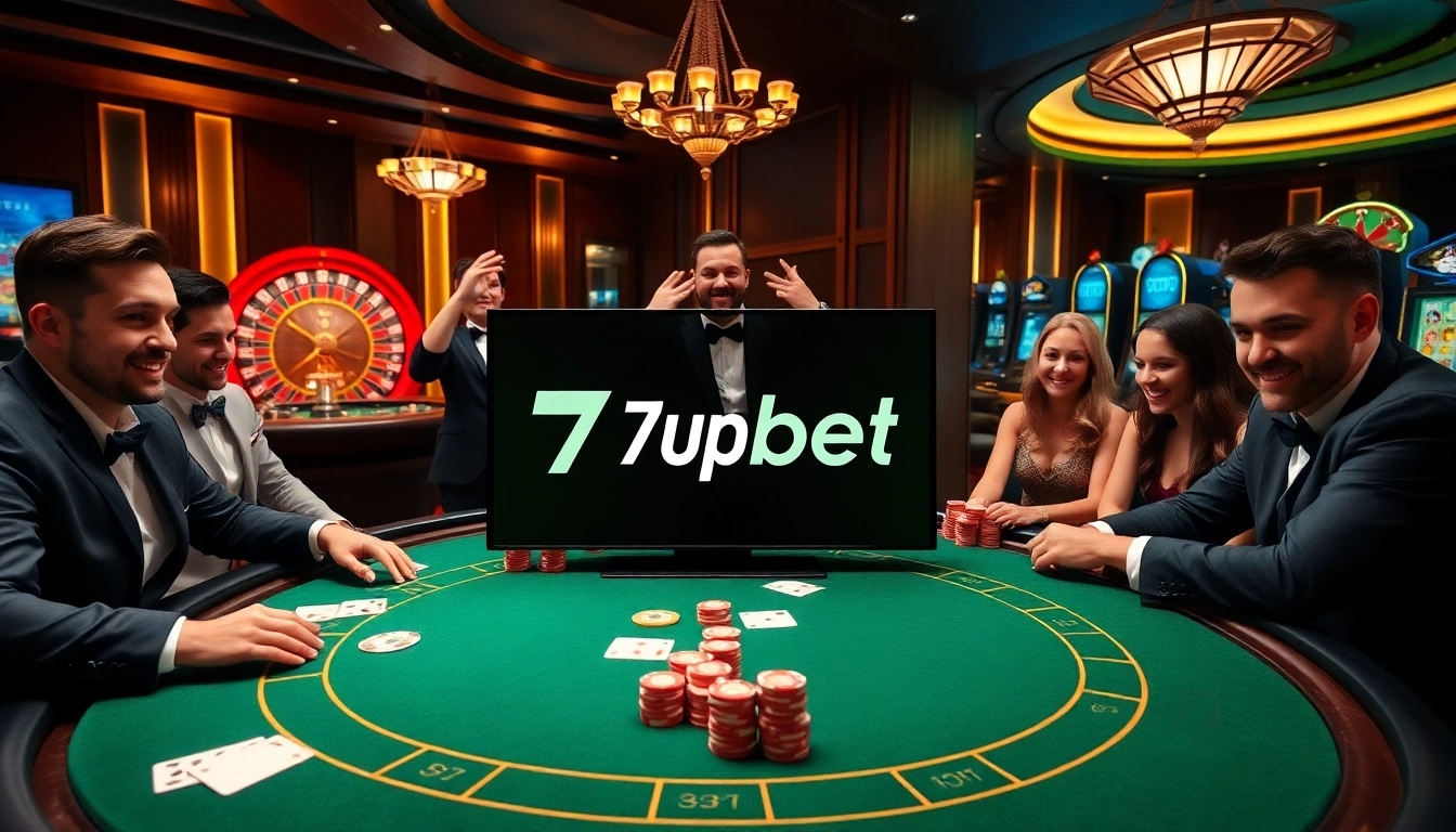 Excited gamblers placing bets at a luxurious casino featuring vibrant 7upbet gaming elements.