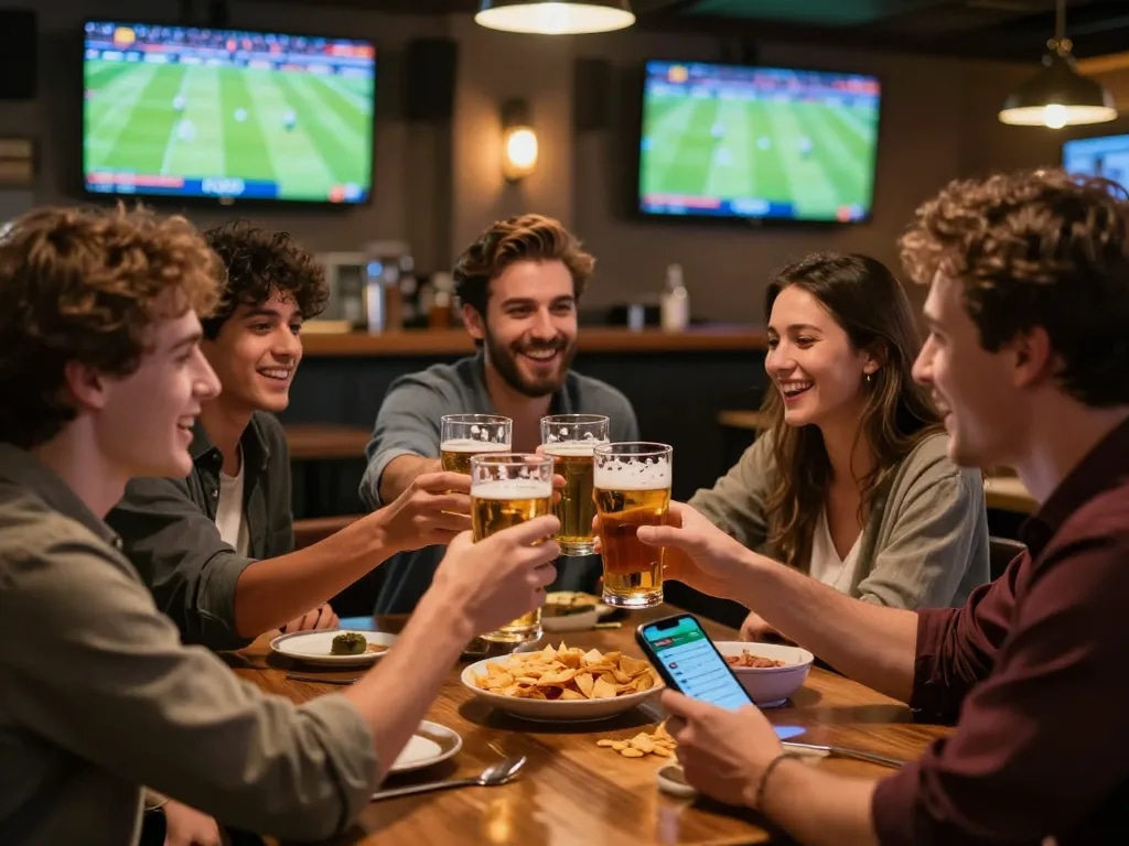KQBD enthusiasts engaging in friendly sports betting conversation at a lively bar.
