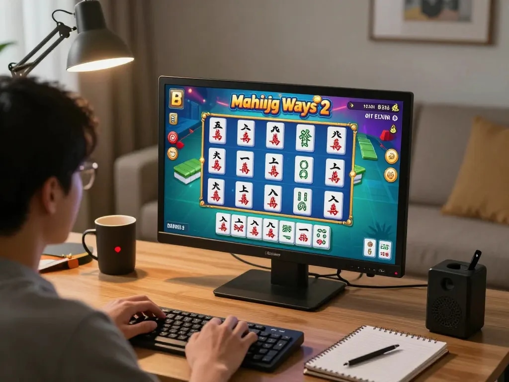 Winning with Mahjong Ways 2 slot at home gaming setup, colorful graphics capturing player's focus.