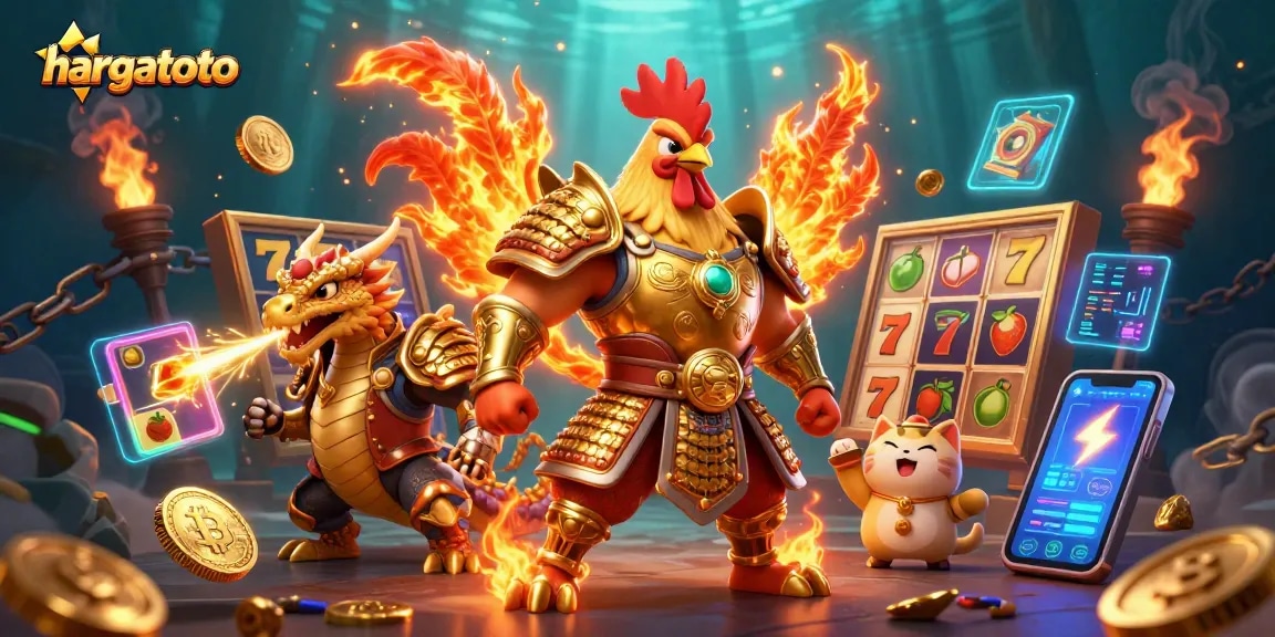 Spin to win at HARGATOTO with a dynamic 3D casino illustration featuring slots and lucky symbols.