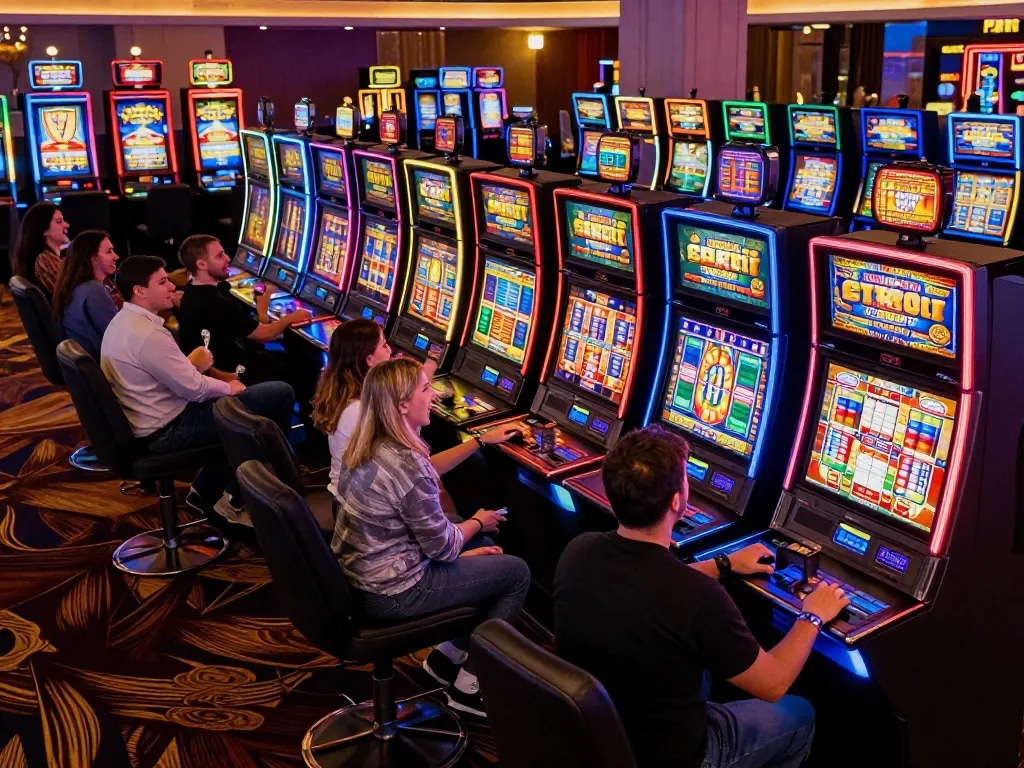 Pemain menikmati pengalaman mesin slot yang mendebarkan di kasino yang ramai