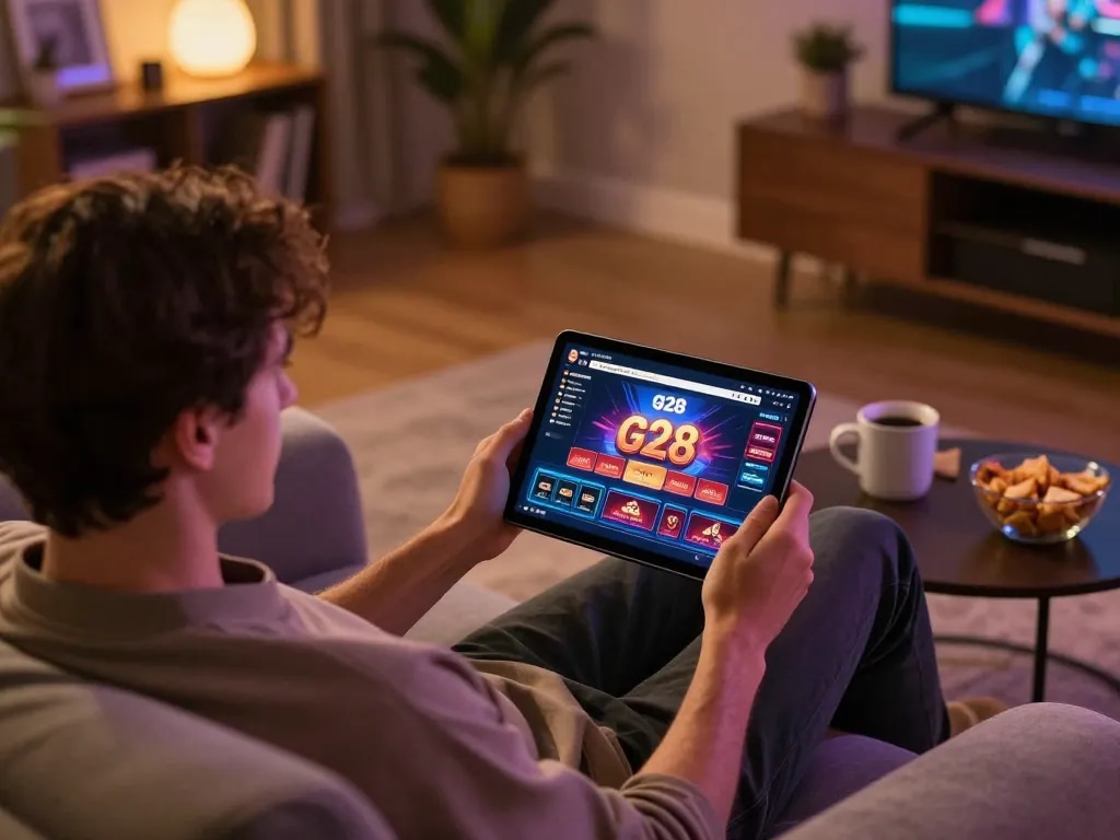 Player engaging with g28 online casino on a tablet in a cozy home setting, showcasing gaming strategy.