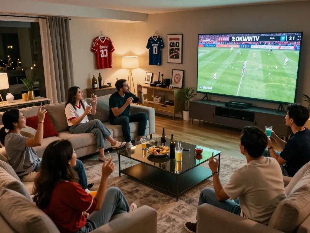 Engaged guests enjoy xem bóng đá okwintv during a lively home sports viewing party, celebrating together.