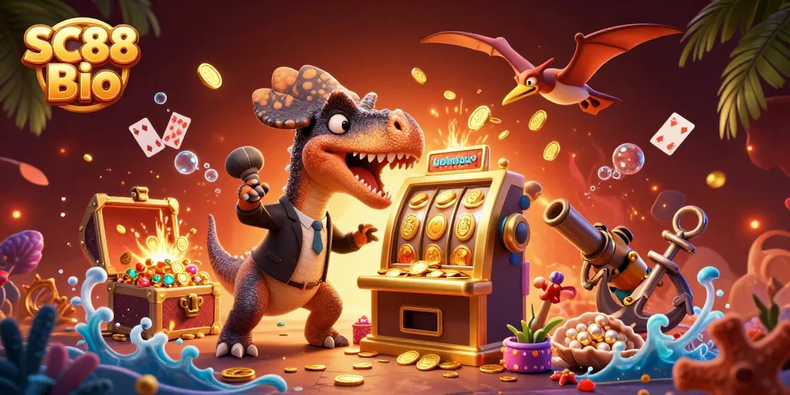 Experience the excitement of SC88 Bio with a dinosaur jackpot slot scene attracting golden coins.