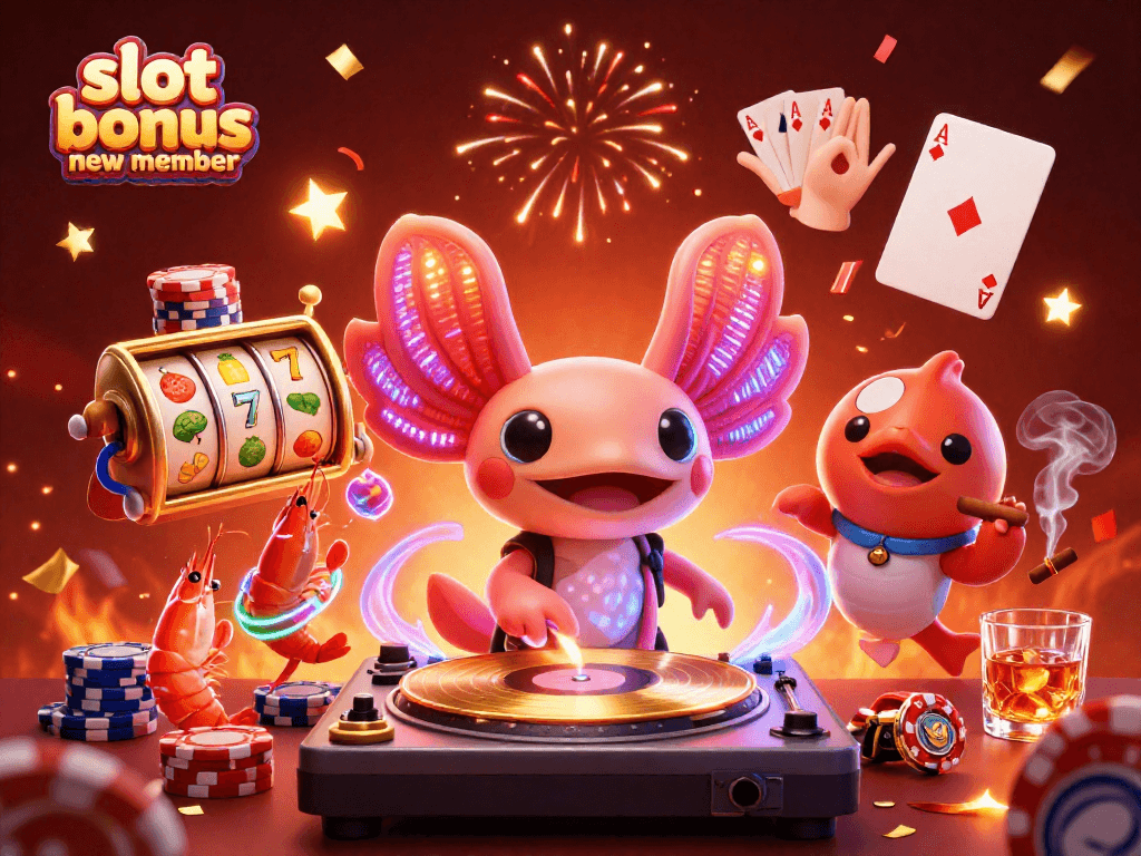 Spinning slot bonus new member excitement with a vibrant 3D disco party underwater scene featuring neon characters.