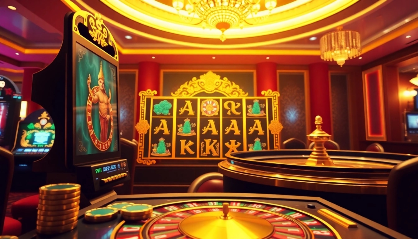 Mainkan permainan seru di slot server Thailand dengan warna-warna cerah dan suasana kasino mewah.