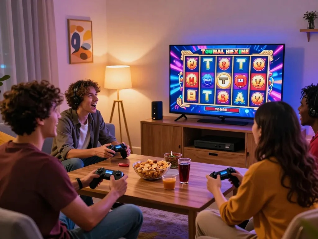 Friends enjoying a thrilling vegasslot77 online gaming session in a cozy living room.