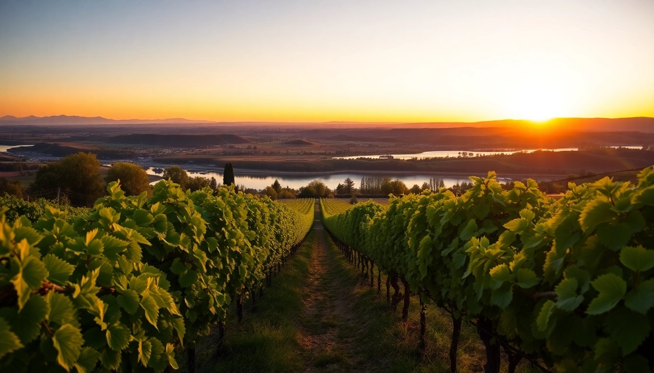 Stunning landscape of Clarksburg California's vineyards under a sunset sky.