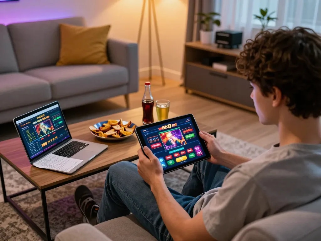 Player enjoying BK8 casino games on tablet in cozy home setting during evening relaxation