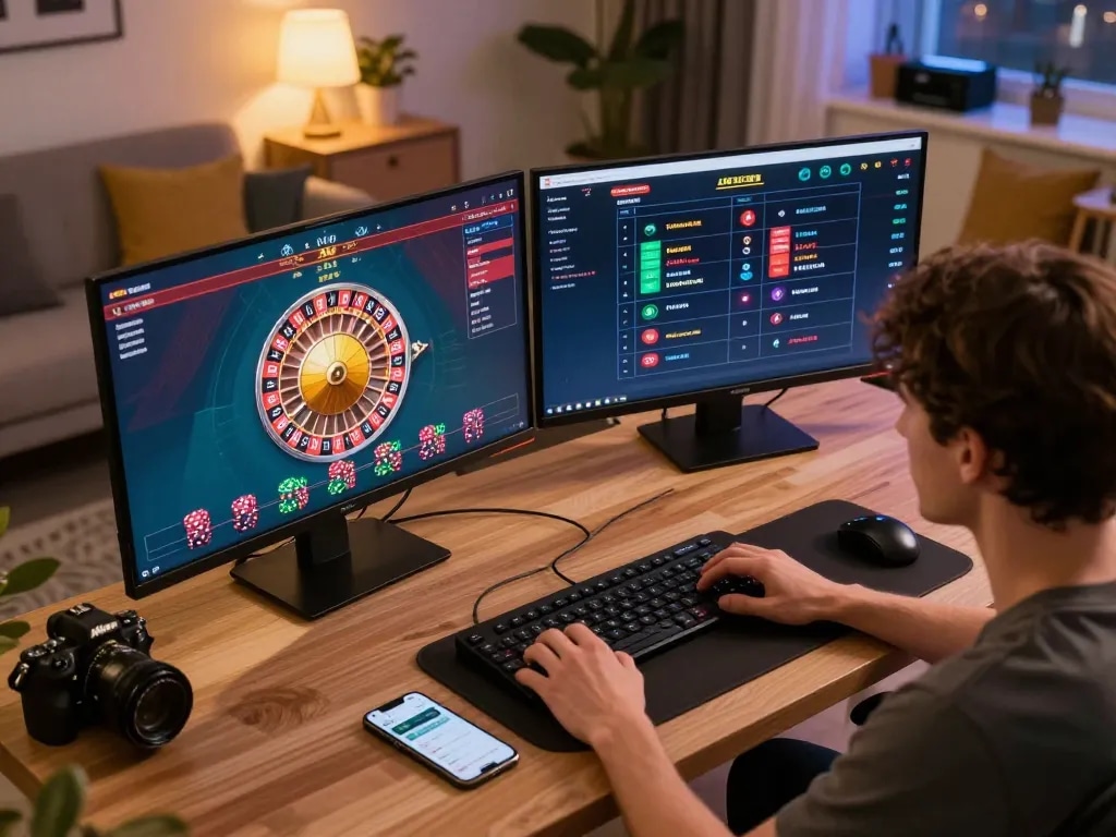 Player enjoying online gambling at uu88, with live dealer games and smartphone apps visible.