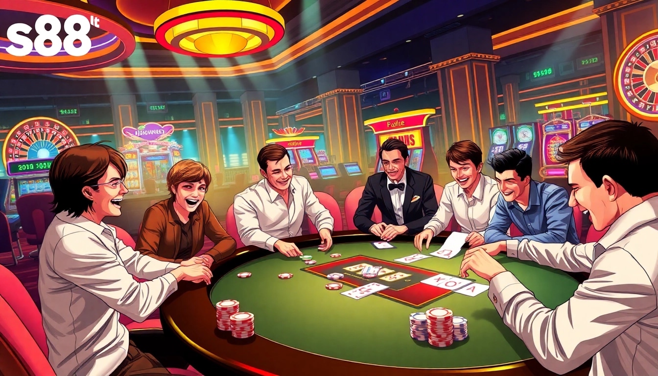 S88BET players enjoying a thrilling poker game in a luxurious casino environment
