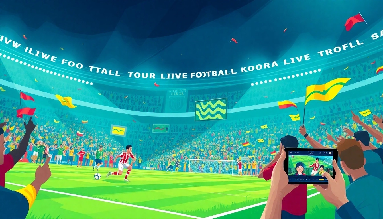 مشهد تفاعلي لـ koora live يعرض مباراة كرة قدم مع جماهير تشجع واللاعبين وهو في حركة