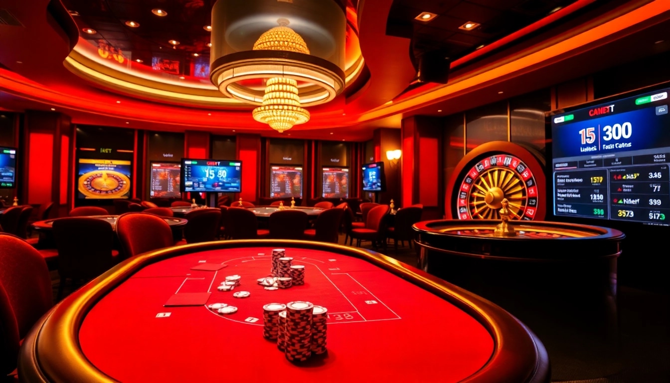 Experience the excitement of live poker gaming at i5bet with vibrant chips and a spinning roulette wheel.