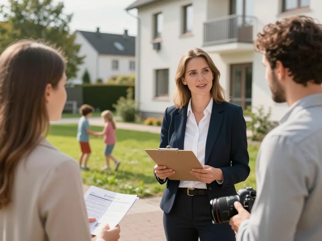 Immobilienmakler Frankfurt Preungesheim präsentiert Immobilien und engagiert sich mit Kunden in einem lebhaften Viertel.