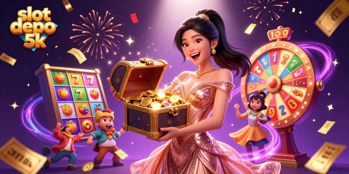 Engaging illustration showcasing the thrill of slot depo 5k with vibrant slot elements, treasures, and joyful characters.