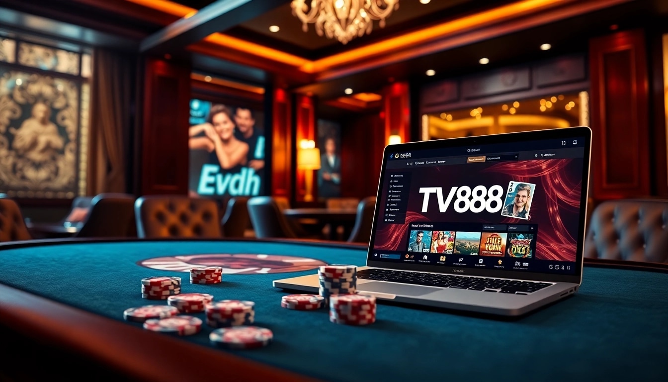 Experience the excitement at TV88 casino with a stylish gaming table, cards, and a laptop interface.