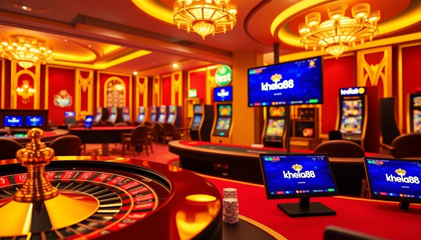Khela88 bet excitement at a luxury casino table with roulette and poker elements.