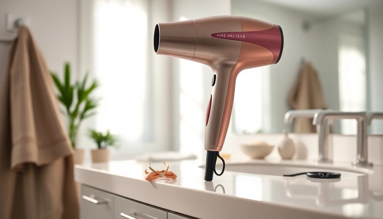 Effortlessly tames frizz with a sleek frizzy hair dryer on a stylish vanity.
