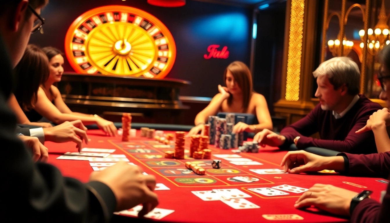 Découvrez l'excitation d'un casino en ligne avec des joueurs autour d'une table de poker animée, entourée de jetons colorés.