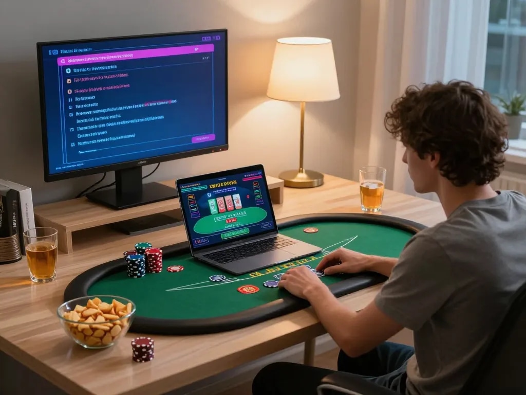 Engaging in online casino gaming with thabet, featuring a live dealer blackjack session at home.