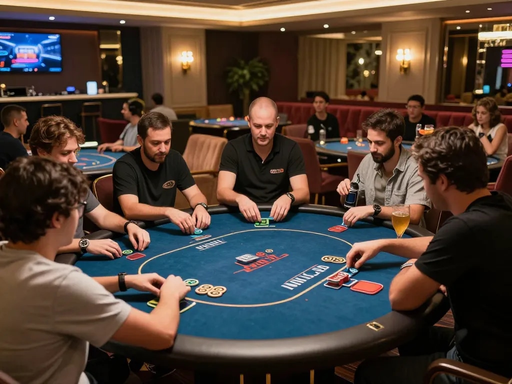 Iwinclub players enjoying intense poker game in a stylish and vibrant casino atmosphere.