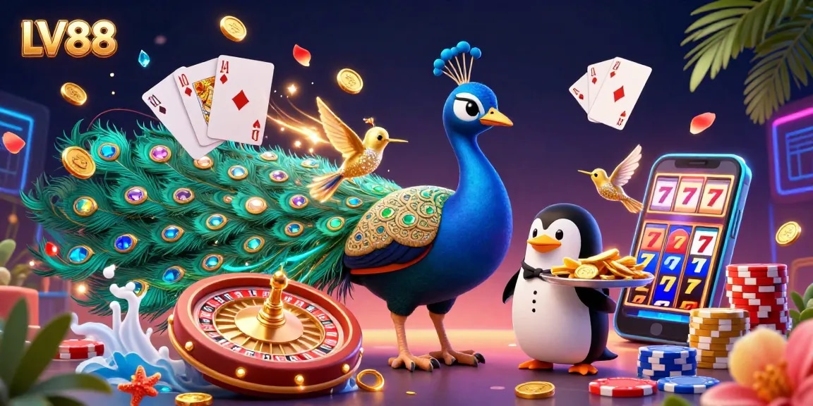 Experience thrilling gaming action at LV88 with a vibrant casino scene showcasing colorful characters and dynamic elements.
